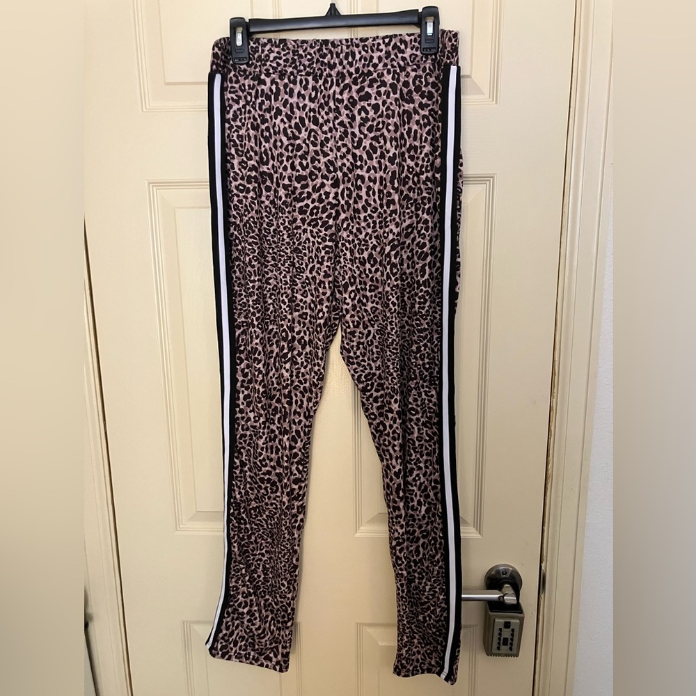 Pink Clove Brown Leopard animal Print skinny knit Pants striped XL 14